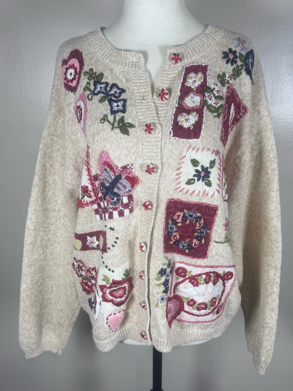 Vintage Heirloom Collectibles Heart Dove Embroidered Y2K Floral Cardigan Sz XL